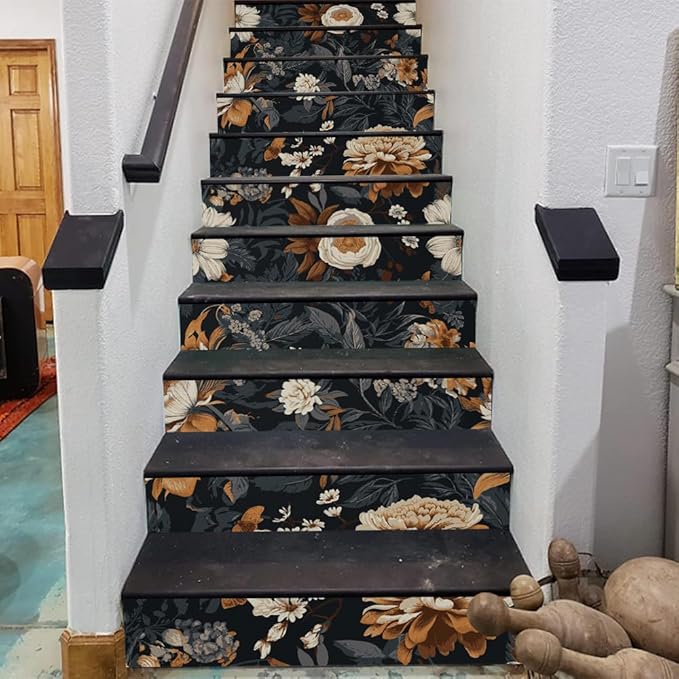 REDAMANCY Vintage Bookshelf Colorful Books Creative Book Cabinet Peel and Stick Vinyl Stair Riser Decals Staircase Tile Stickers Decor Modern Marble Decoration Self-Adhesive(14 Pcs)