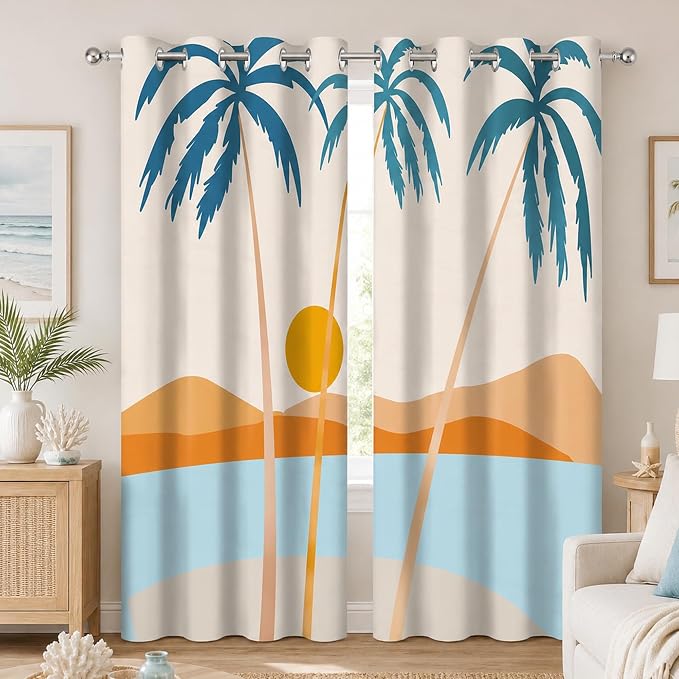 iTapnoom Boho Tropical Palm Tree Blackout Curtain, Mid Century Coastal Ocean Beach Window Curtains Darkening Thermal Insulated Window Drapes for Living Room Bedroom Decor 2 Panels 52x84 Inches