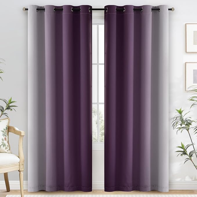Yakamok 100% Blackout Curtains Ombre Purple Curtains for Bedroom 84 Inch | 2 Layers,Room Darkening Grommet Gradient Drapes,Light Blocking Thermal Insulated Window Curtains for Living Room 52W x 84 L