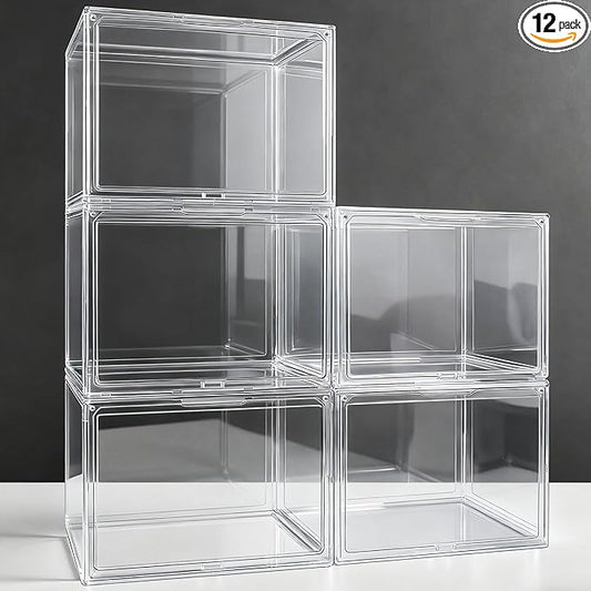 12 Pack Clear Shoe Box Size 15, X-Large Acrylic Purse Display Case with Magnetic Lid Stackable Storage Bins for Shoes, Large Figures Collectibles, Handbag, Cosmetics, Craft Showcase