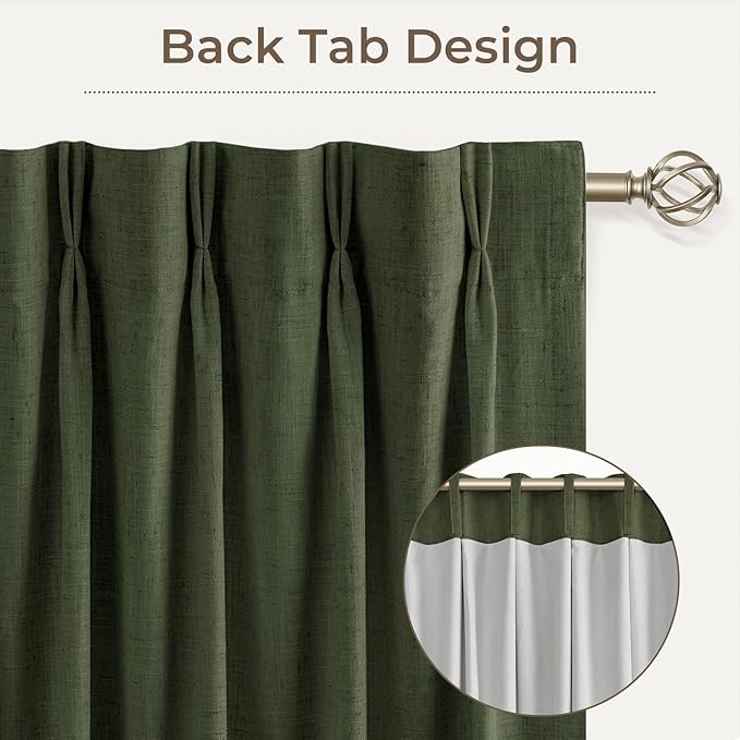 CAPALOCA Pinch Pleated Blackout Curtains 108 Inches Long, Linen Blend, 100% Blackout Drapes with 20 Hooks, Ideal for Bedroom and Living Room, 40" W x 108" L (Pack of 2), Loden Green