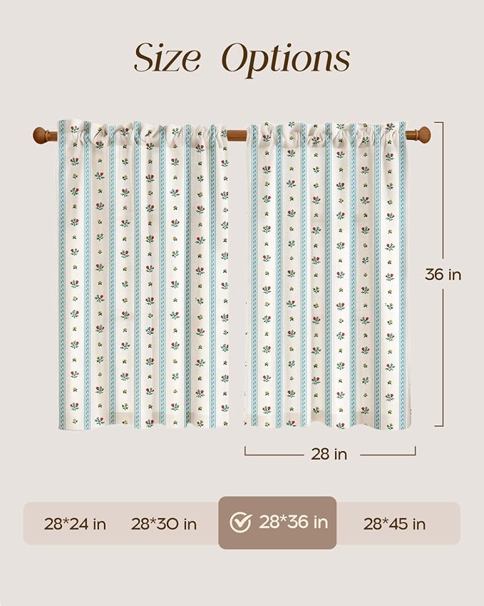 Miss Adola Farmhouse Kitchen Tier Curtains - 36 Inch Length Linen Blend Boho Cafe Curtains Blue Floral Small Window Treatments Over Sink Rod Pocket for Bathroom Living Room Light Filtering, 2 Panels
