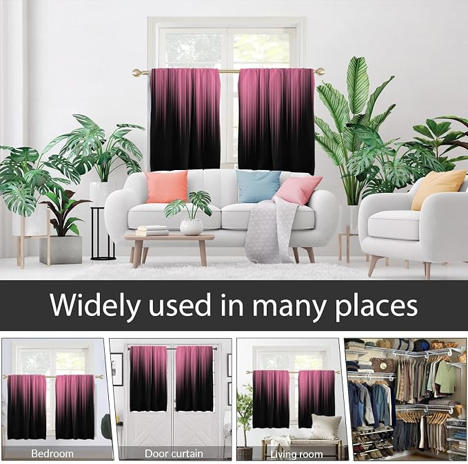 AAtter Pink and Black Kitchen Curtains, Ombre 27.5" W x 45" L, 2 Panels | Gothic Modern Abstract Striped, Cute Preppy Girls Style, Rod Pocket Bathroom Window Drapes, Small Short Tiers for Women