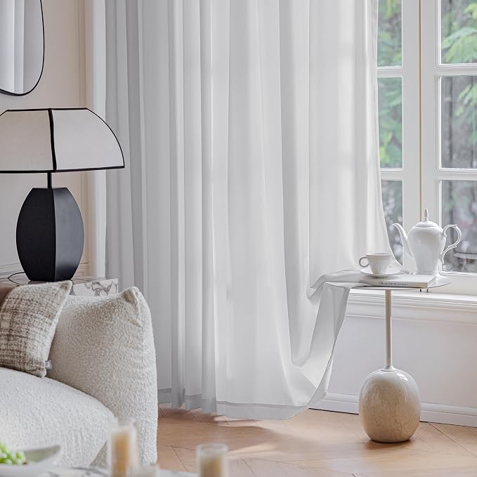 FMFUNCTEX Sheer Non-See-Through Grey Curtains for Bedroom, Faux Silk that Let Light Curtains 84 inches Long Light Filtering Privacy Sheer Window Drapes for Living Room, Rod Pocket 2 Panels Set
