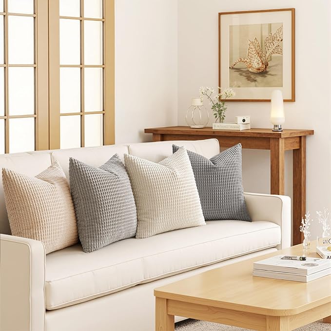 MIULEE Boho Farmhouse Decorative Pillow Covers 18x18 Inch Set of 4 Neutral | Rustic Modern Neutral Home Decor Couch Throw Pillows Corduroy Pillowcases for Sofa Living Room Bed