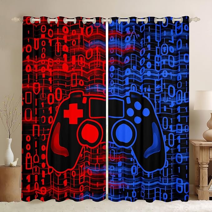 Feelyou Kids Boys Red and Blue Gamer Blackout Curtains Gamer Window Curtains for Ombre Geometric Teens Game Darkening Drapes Gaming Window Treatments Game Room Decor (2 Panels, 38 x 45 Inch)