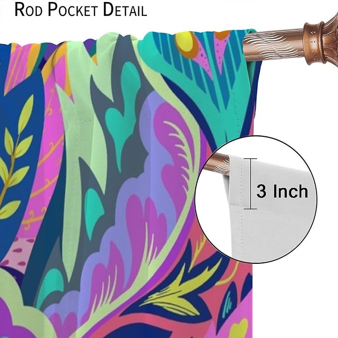 Vintage Dreamy Black Blackout Curtains Featuring Vibrant Bohemian Floral and Swirl Patterns, Ideal for Heat Insulation and Noise Reduction in Bedrooms and Living Rooms52X84 Inch