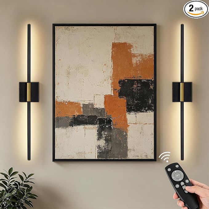 Battery Operated Wall Sconces Set of Two 360° Rotate Wireless Rechargeable Light Dimmable with Remote - Black Gold Modern Sconces Cordless Magnetic Wall Decor for Home Bedroom Timer 31.5 in