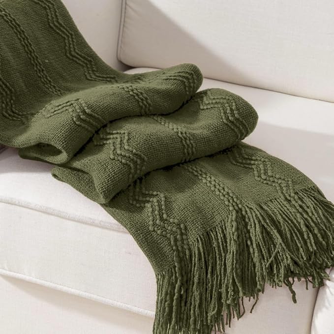 BATTILO HOME Olive Green Throw Blanket for Couch, Soft Army Green Blanket with Tassels for Home Decor, Decorative Knitted Throws for Couch Cover, 50"x60"