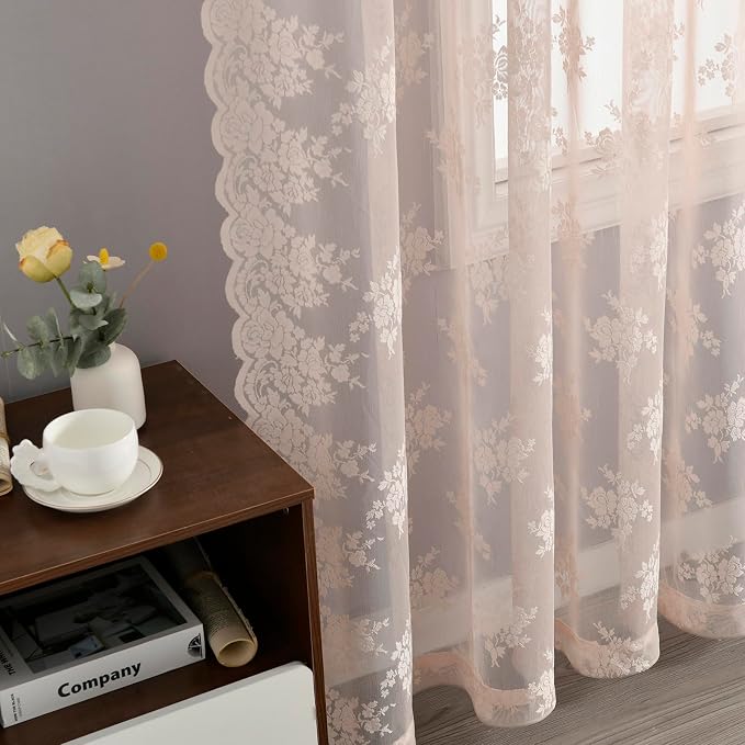 Kotile Blush Sheer Curtains 80 Inch Length 2 Panels Cottagecore Floral Coquette Curtains for Girls Bedroom, Rod Pocket Light Filtering Privacy Lace Window Curtain, 52 x 80 Inch, Blush Pink