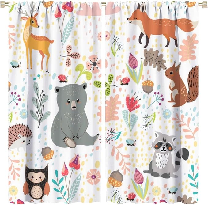Rustic Animal Curtains, Wild Forest Animal Bear Fox Deer Kids Window Treatments for Living Room Bedroom, Farmhouse Woodland Blackout Drapes 2 Panel Sets, 63x72 Inch
