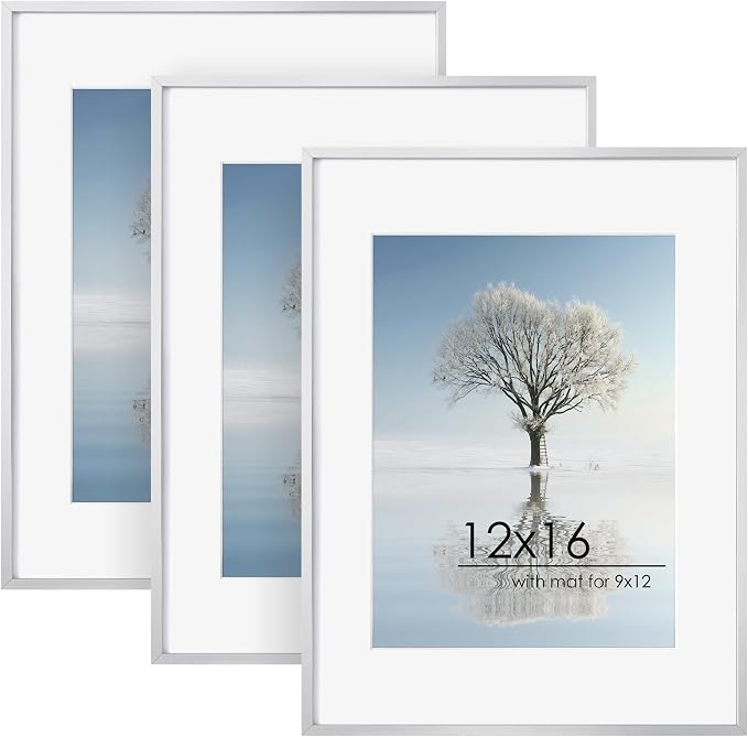 FLYJOE 12x16 Metal Picture Frame For Wall With Mat For 9x12, 12''x16'' Aluminum Certificate Document Frames With Tempered Glass, Minimalist Modern Poster Frame Horizontally Vertically (Silver, 3 PCs)