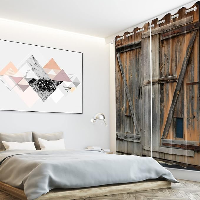Old Grey Wood Barn Door Window Curtains American Rustic Garage Door Curtains Vintage Wooden Door Window Drapes Wood Planks Rural Style Native Farmhouse Bedroom Treatment,42x108 inch,2 Panels