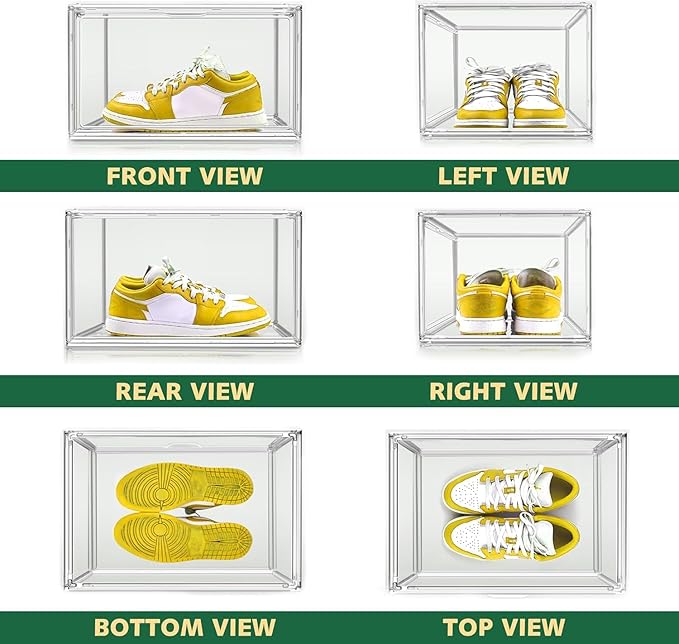 6 Pack Clear Shoe Box Size 15, X-Large Acrylic Purse Display Case with Magnetic Lid 14.1 x 8.9 x 10.6'' Transparent Storage Box for Shoes, Collectibles, Action Figures, Cosmetics, Craft Showcase
