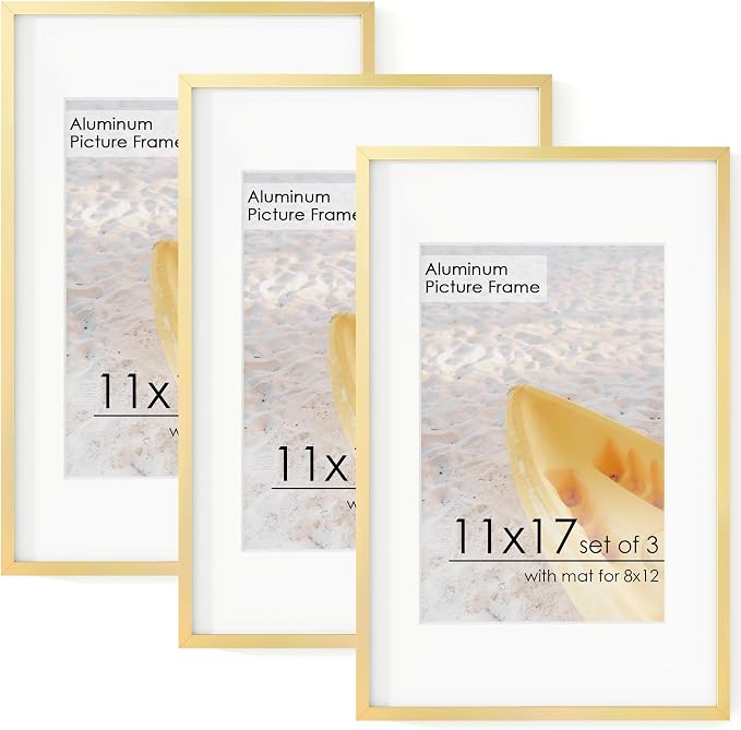11x17 Metal Picture Frame for Wall With Mat for 8x12, 11''x17'' Aluminum Photo Frames With Tempered Glass for Home Decor, Minimalist Modern Poster Frame Horizontal And Vertical Formats, 3 PCs, Gold