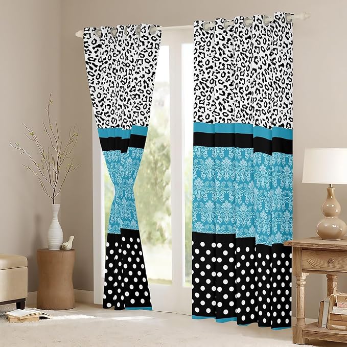 Leopard Print Window Curtains 38"Wx54"L Teal Boho Paisley Cheetah Curtains Black White Polk Dots Leopard Window Drapes 2 Panels For Kids Boys Girls Bedroom Decor,Bohemian Floral Window Treatments