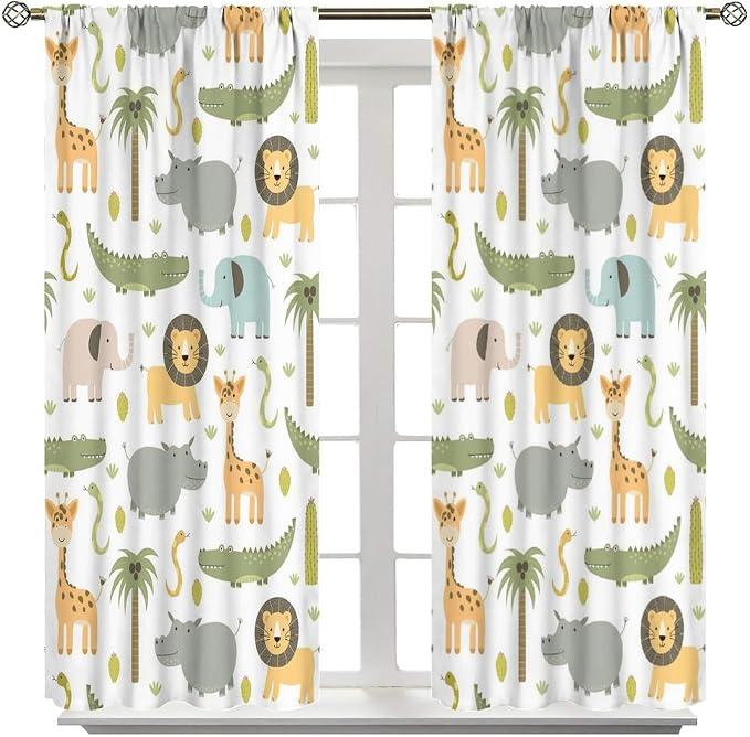 Nursery Safari Animals Curtains, Baby Boy Girl Kids Woodland Jungle Forest Lion Elephant Printed Curtains for Living Room Bedroom Window Drapes 2 Panel Sets42x63 Inch