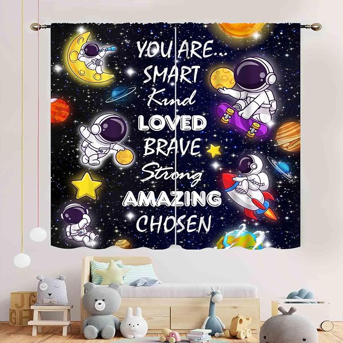 Kids Space Curtains for Boys Room, Cartoon Universe Galaxy Space Planet Astronaut Inspirational Quotes Learning Kids Window Drapery Treatments for Bedroom Living Room Nursery 2 Panels, 84"x63" Inch