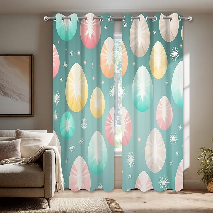 Shrahala Easter Eggs Stars Thermal Insulated Blackout Window Curtains, Colorful Easter Egg Pattern Long Drapes for Bedroom/Living Room with Plastic Grommet, 52X63 Set of 2
