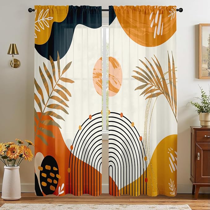 Boho Mid Century Abstract Leaves Curtains 52X84Inch Rainbow Living Room Curtain 2Pc Burnt Orange Curtains for Bedroom Modern Geometric Drapes Yellow Plant Colorful Curtain