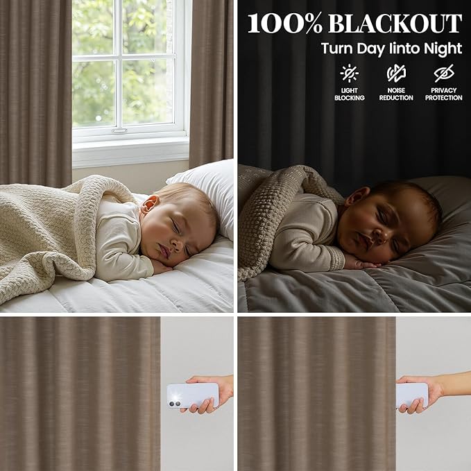 Topfinel 100% Blackout Pinch Pleated Curtains for Track System, Dark Flax Thick Blend Linen Bedroom Curtains, Decorative Elegant Lined Nursery Drapes 2 Panels Cozy Rustic Boho Style Dark Brown