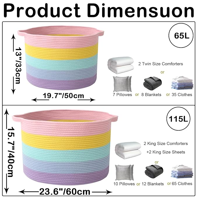 65L Large Blanket Basket,Woven Rope Laundry Basket Hamper with Handles,Decorative Nursery Basket Storage Bin for Toys, Pillows , Clothes Organizer, Living Room, Bedroom, Bathroom, Colorful
