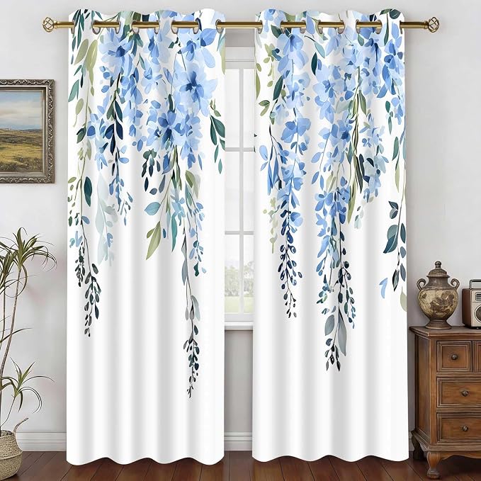 Blue Watercolor Floral Curtains, Botanical Leaves Vine Flowers Curtain, Rustic Farmhouse Flower Leaf Blackout Window Treatment Drapes for Bedroom Living Room 42x90 inch, 2 Panels