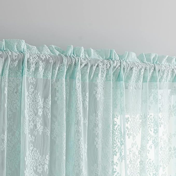 YJ YANJUN Vintage Lace Curtains 84 Inches Long-Victorian Floral Pattern Aqua Sheer Curtain Panels for Living Room Bedroom,Light Filtering, Memaid Beachy Drapes 2 Panels 52W x 84L Mint Green