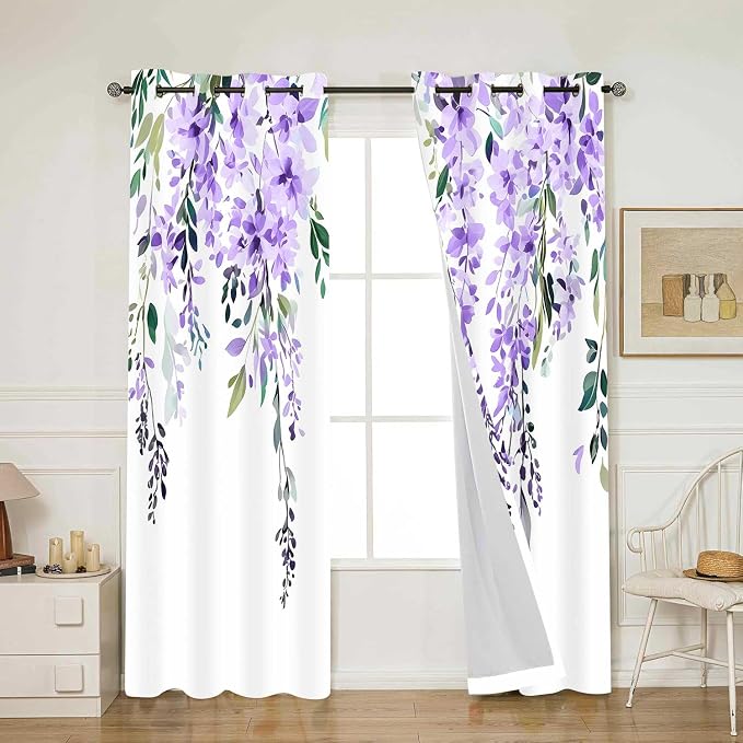 Purple Watercolor Floral Curtains, Botanical Leaves Vine Flowers Curtain, Rustic Farmhouse Flower Leaf Blackout Window Treatment Drapes for Bedroom Living Room 52x90 inch, 2 Panels
