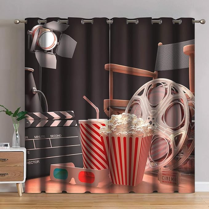 Jekeno Movie Theater Blackout Curtains Movie Theater Decor for Bedroom Living Room Object of Cinema Film Reel Motion Picture Red Black Print Grommet Window Drapes 2 Panel Set, 52"x63"