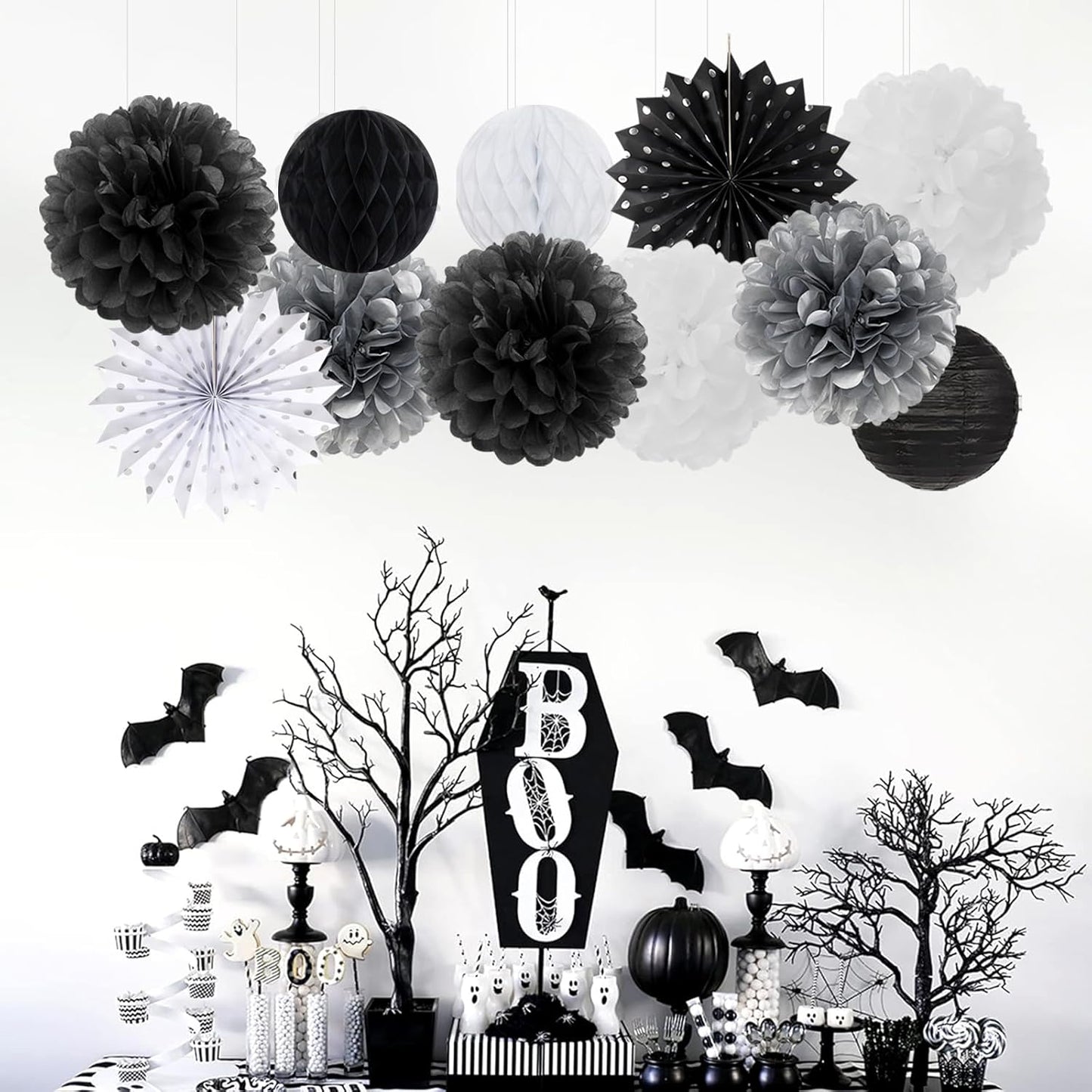 Black White Silver Party-Decorations Streamers-Lanterns - 14pc New Years Graduation 2025 Paper Fan, Bachelorette Birthday Wedding Baby Bridal Shower Tissue Pom Poms,Honeycomb Balls Decor Ouruola