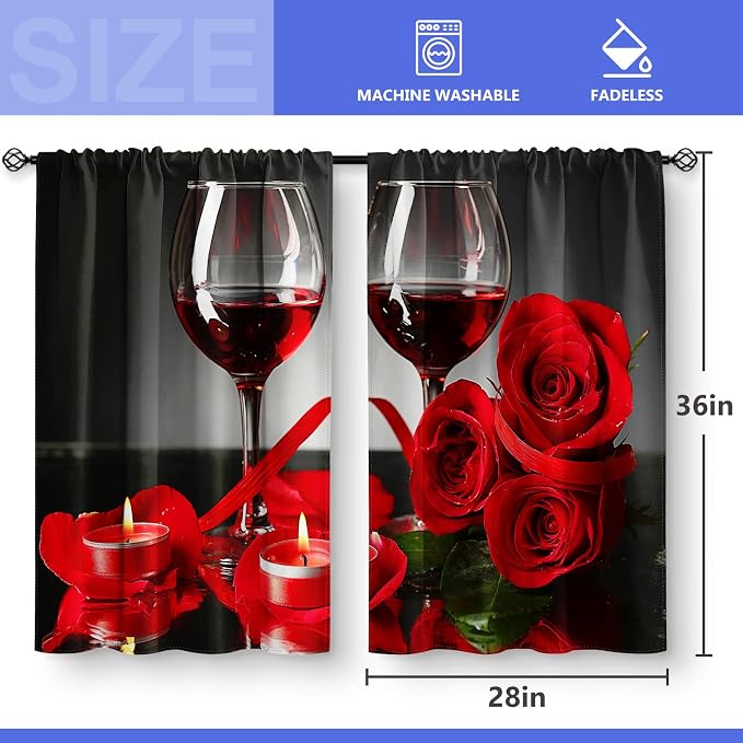 Wine Glass Red Rose Kitchen Curtains - Country Retro Romantic Flowers Rustic Short Cafe Tier Curtains Decor for Dining Room Valentine Floral Farmhouse Rod Pocket Window Drapes 2 Panels Set 28"x36"