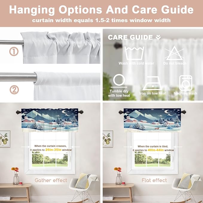 Shrahala Winter Snow Landscape Blackout Short Curtains for Windows, Snowy Tree Fields Houses Hills Kitchen Valance Thermal Insulated Rod Pocket Window Treatment for Bathroom 2 Pack 52 X 16 in