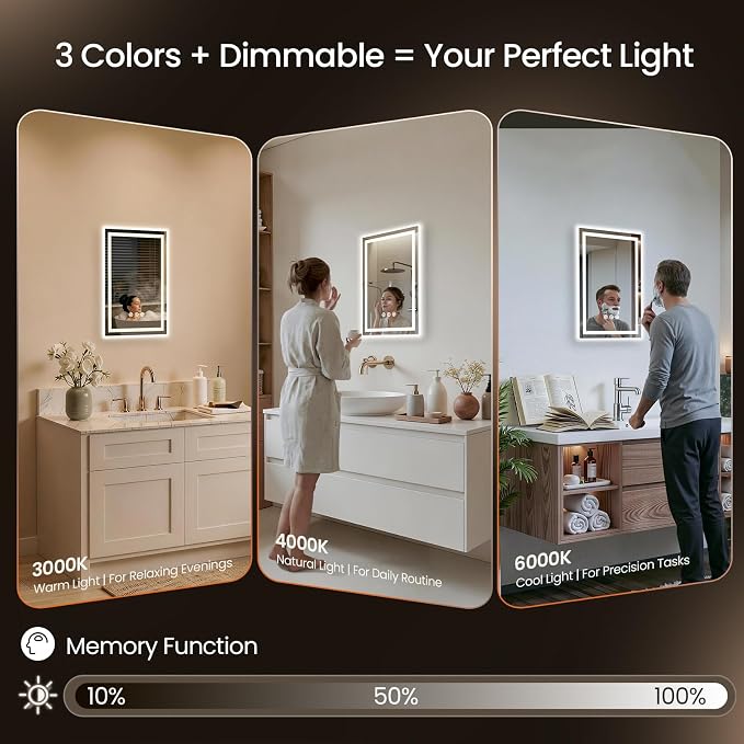 16X24 LED Bathroom Mirror with Lights, Anti-Fog, Backlit + Front Lit, Lighted Bathroom Vanity Mirror for Wall, Memory Function, Dimmable, Tempered Glass, Shatter-Proof, ETL Listed