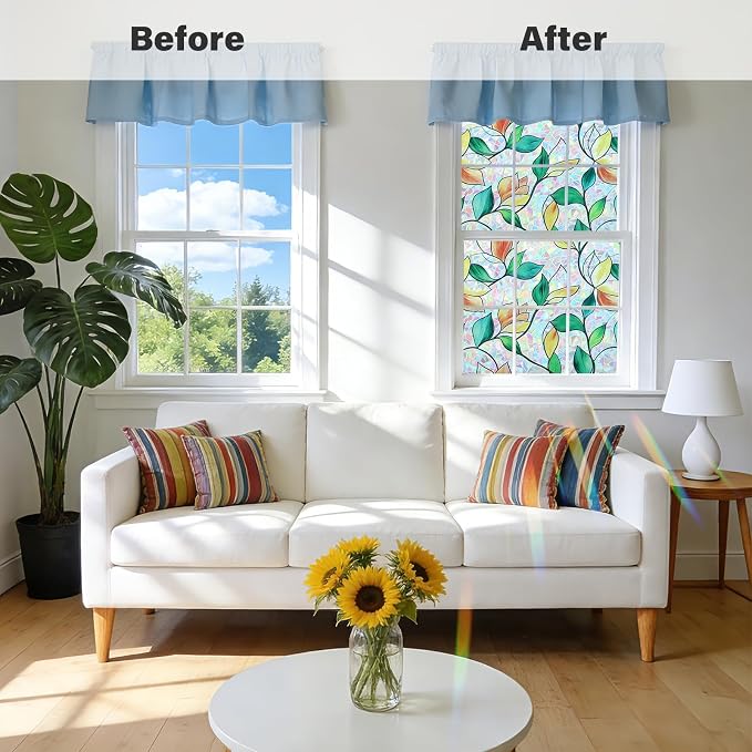 Finnez Rainbow Stained Glass Window Privacy Film, Static Cling No Glue, UV Blocking & Heat Control, Removable & Reusable for Home Office Bathroom Door (Stained Leaf, 17.5" x 78.7")