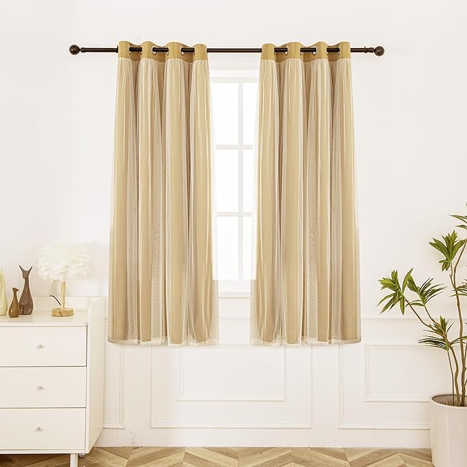 INLINAS Gold Blackout Curtains with Sheer Overlay - Grommet Top Thermal and Noise Reduction Panels for Bedroom and Living Room Light Blocking and Energy Saving, 52 x 63 Inches, Set of 2