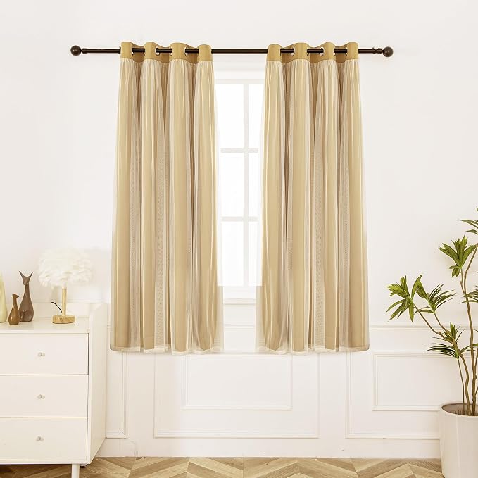 INLINAS Gold Blackout Curtains with Sheer Overlay - Grommet Top Thermal and Noise Reduction Panels for Bedroom and Living Room Light Blocking and Energy Saving, 52 x 84 Inches, Set of 2