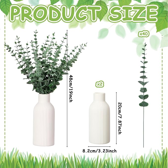 LemonRoad 2 Pack Artificial Eucalyptus Stem in Ceramic Vase 19" Fake Greenery Plants for Home Decor 40 Pcs Modern Indoor Fake Eucalyptus Stem for Table Centerpiece Living Room Bathroom