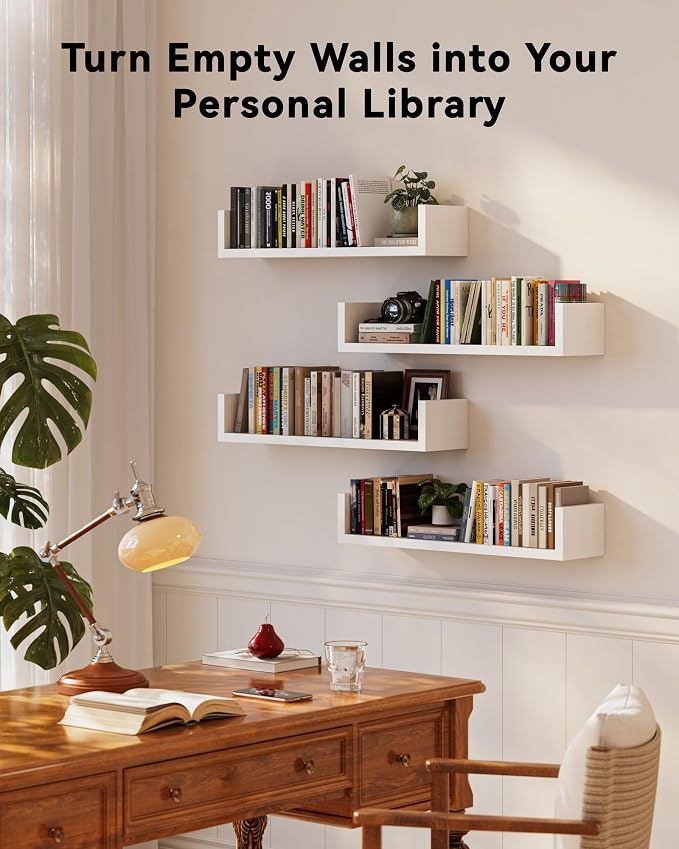 Floating Bookshelves for Wall - Wall Mounted Bookshelf Set of 4, U-Shaped Hanging Bookshelf for Bedroom, Living Room & Office, Wall Book Shelf for Home Decor & Storage (4, White, 17 Inches)