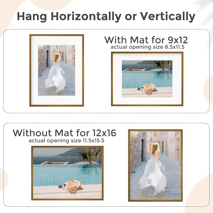 FLYJOE 12x16 Metal Picture Frame for Wall With Mat for 9x12, 12''x16'' Aluminum Certificate Document Frames With Plexiglass, Minimalist Modern Poster Frame Horizontally And Vertically, 3 PCs, Bronze