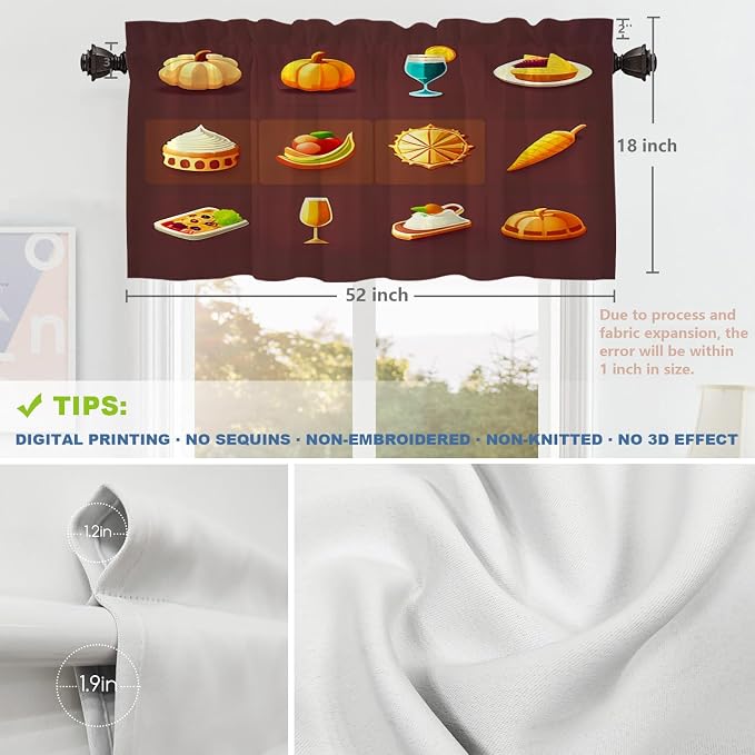 Shrahala Happy Thanksgiving Day Blackout Short Curtains for Windows, Pumpkin Turkey Bird Leaves Kitchen Valance Thermal Insulated Rod Pocket Window Treatment for Bathroom 2 Pack 52 X 18 in