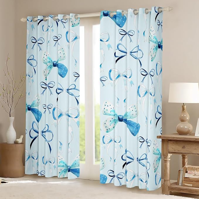 Feelyou Bow Room Darkening Blackout Curtain Boys Girls (2 Panels, 52 x 63 Inch) Cute Bowknot Curtains for Bedroom Living Room Blue Girls Bow Blackout Curtains Kawaii Bow Window Treatments