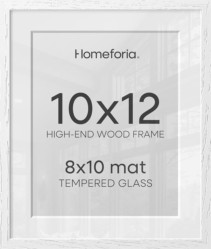 Homeforia White Frame 10x12 Wood, High End Oak 10x12 Picture Frames with Mat 8x10, 10 x 12 White Wooden Poster Frame Matted to 8 x 10 inch Photo, 12by10 Thin Frames, Tempered Glass, Wall Kit, Set of 1