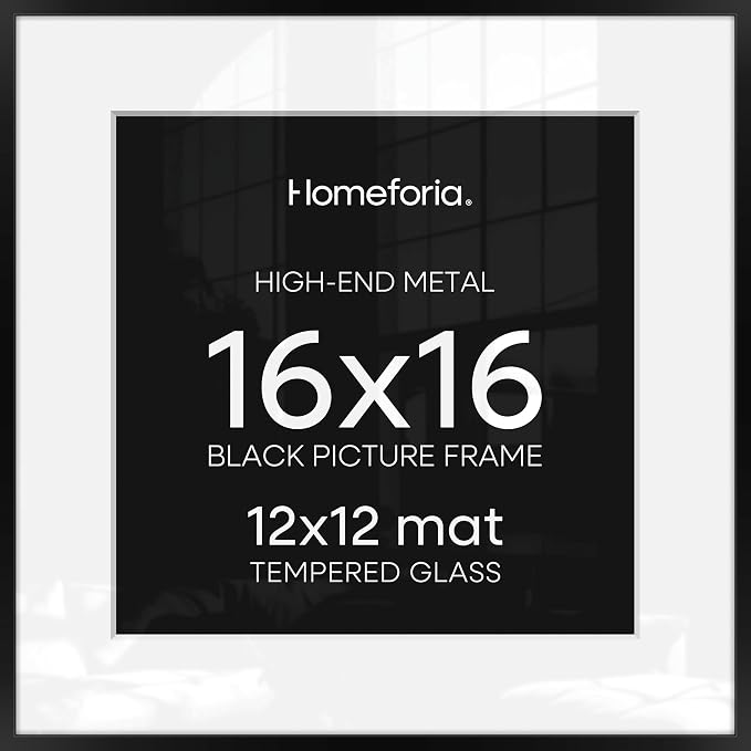 Homeforia 16x16 Picture Frame Black, High End Metal 16x16 Square Poster Frame Matted to 12x12 Print, 16 x 16 Black Frames with Mat 12 x 12 Photo, 16by16 Thin Frames, Tempered Glass, Wall Kit, Set of 3