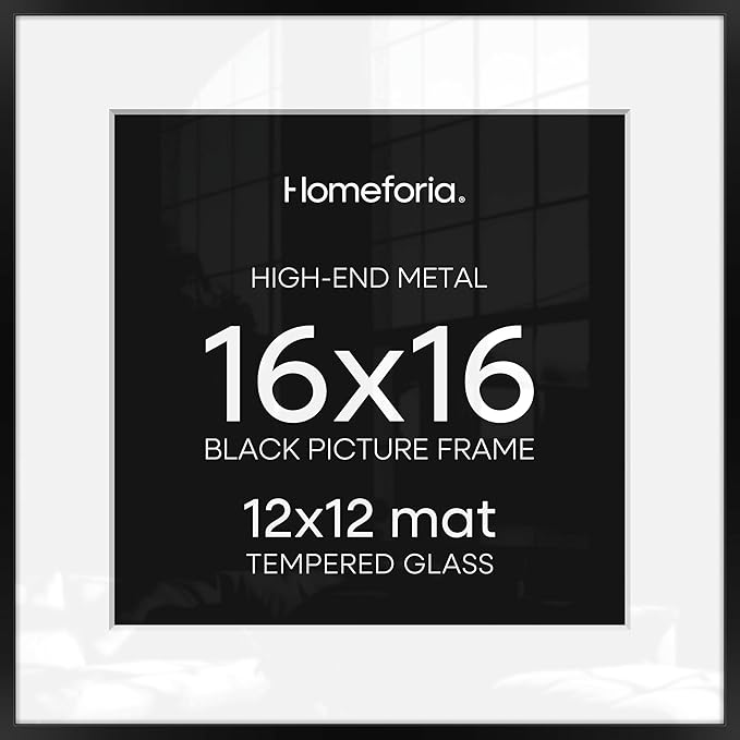 Homeforia 16x16 Picture Frame Black, High End Metal 16x16 Square Poster Frame Matted to 12x12 Print, 16 x 16 Black Frames with Mat 12 x 12 Photo, 16by16 Thin Frames, Tempered Glass, Wall Kit, Set of 2