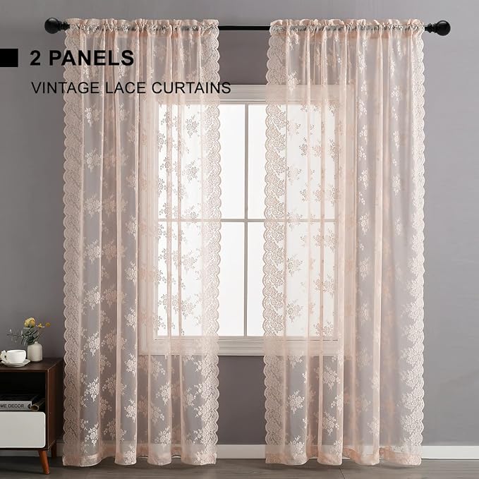Kotile Blush Pink Lace Curtains for Bedroom, Country Floral Embroidered Vintage Sheer Lace Curtains 45 Inch Length 2 Panels Set, Rod Pocket Privacy Scalloped Lace Window Curtains, Each 52 x 45 Inch