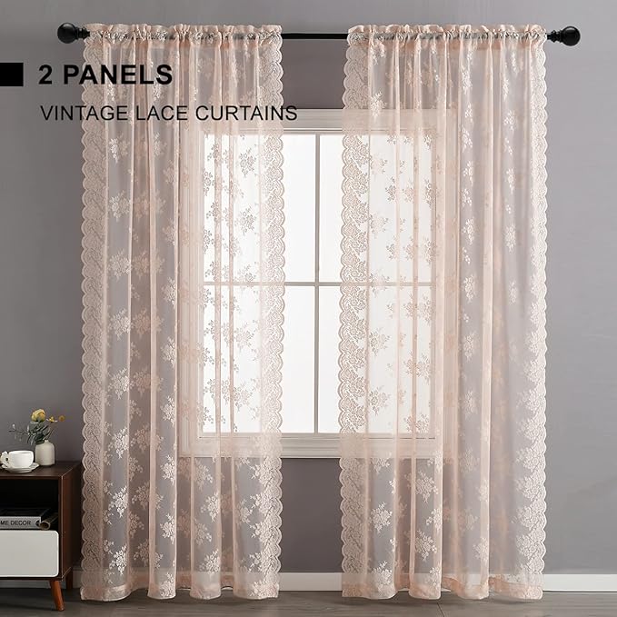 Kotile Blush Pink Lace Curtains 108 Inch Length - Vintage Floral Blush Sheer Curtains for Girls Bedroom, Rod Pocket Privacy Scalloped Lace Sheer Curtains 2 Panels Set, 52 x 108 Inch, Blush Pink