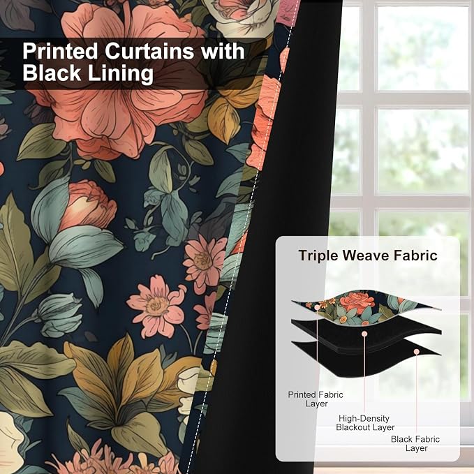 Boho Floral Blackout Curtains for Bedroom and Living Room, Grommet Thermal Insulated Black Out Window Drapes with Curtain Tiebacks, Soundproof Privacy Patterned Curtains 84 Inch Long 2 Panels Set