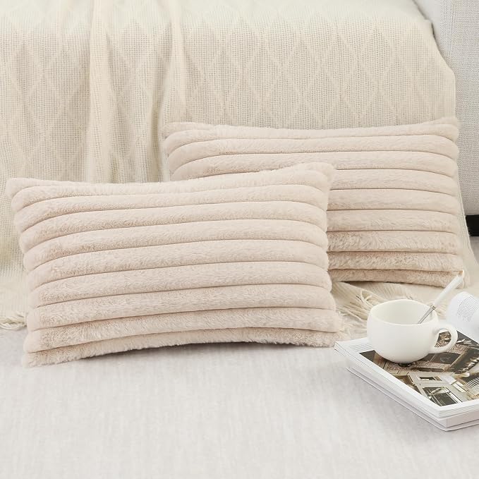 Pallene Faux Fur Plush Lumbar Throw Pillow Covers 12x20 Set of 2, Luxury Soft Fluffy Striped Decorative Pillow Covers for Sofa, Couch, Living Room, Apricot