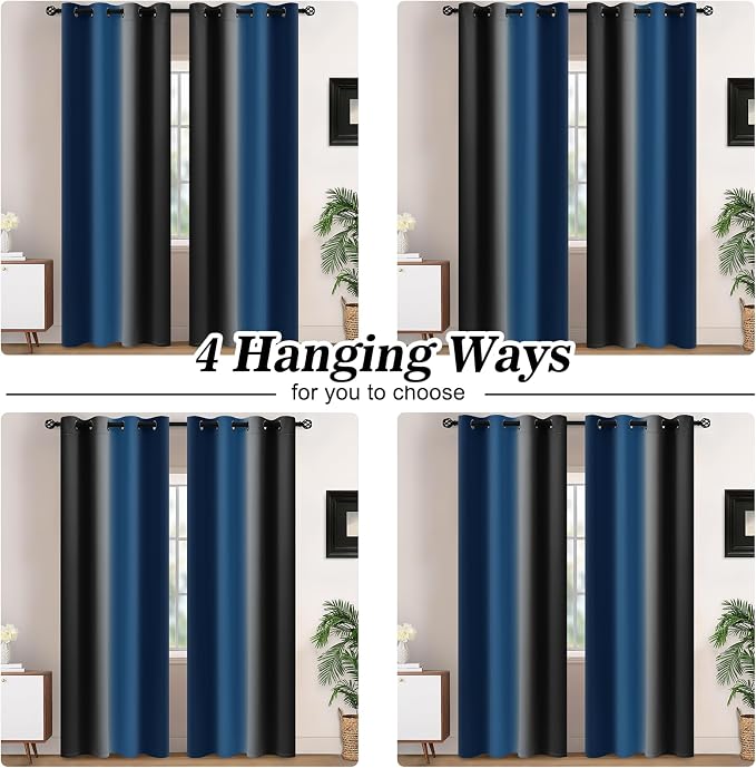 Yakamok Blackout Ombre Dark Blue and Black Curtains for Bedroom, Gradient Room Darkening Curtains, Grommet Thermal Insulated Light Blocking Window Drapes/Curtain for Living Room,52 x 84 Inch,2 Panels